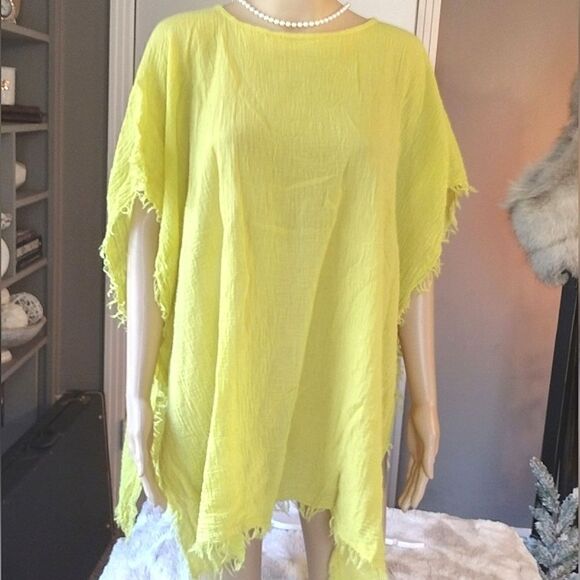 Eileen Fisher Women's OS Solid Yellow Sleeve Fringe Shawl Made in Italy - Picture 7 of 10